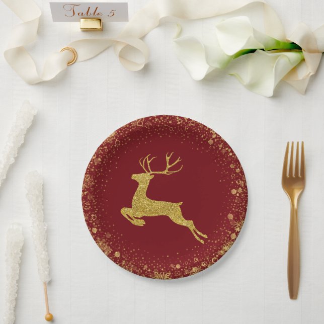 Plato De Papel Navidades dorados Diseño elegante del Deer (Boda)