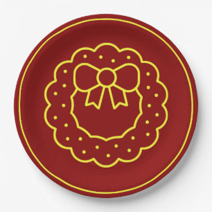 Plato De Papel Navidades Elegante Simple Wreath de Oro en Rojo 9"
