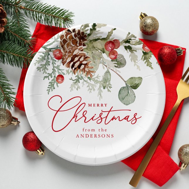Plato De Papel Navidades elegantes Holly Berries y Pine Cones (Subido por el creador)