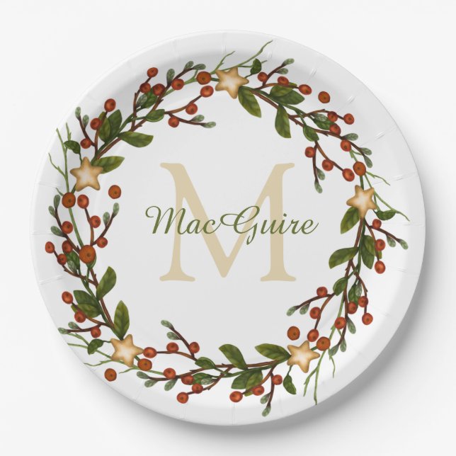 Plato De Papel Navidades elegantes Wreath Monograma inicial (Anverso)