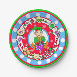 Plato De Papel Navidades Elf Boy Whimsical Candy Polka Dot