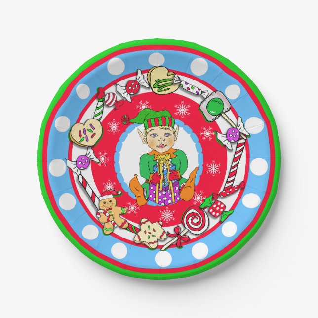 Plato De Papel Navidades Elf Boy Whimsical Candy Polka Dot (Anverso)