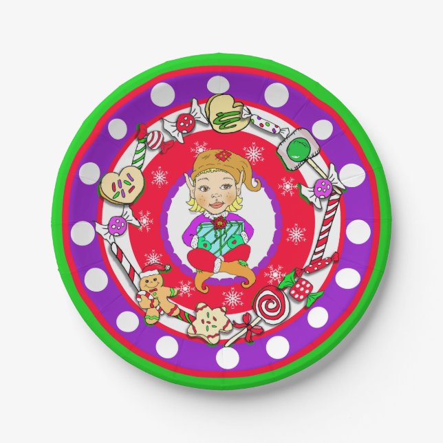 Plato De Papel Navidades Elf Chica Whimsical Candy Polka Dot (Anverso)