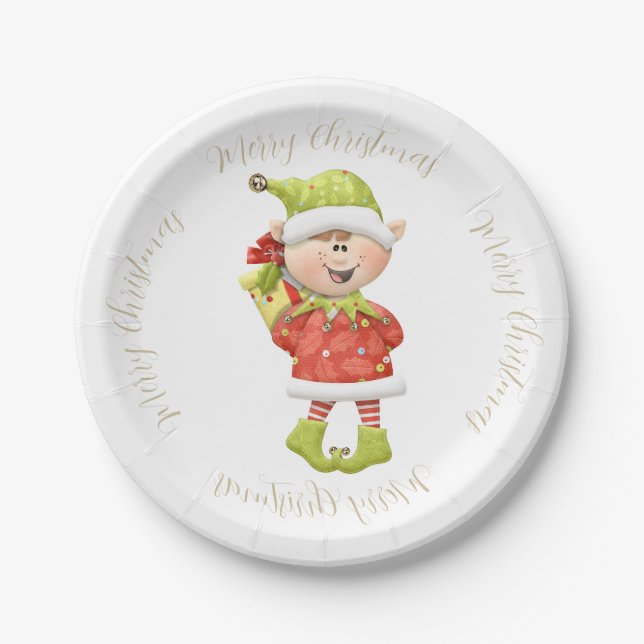 Plato De Papel Navidades Elf con presente (Anverso)