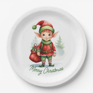 Plato De Papel Navidades elf con un saco de regalos