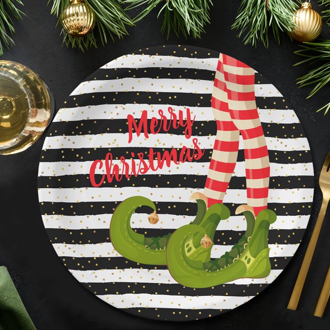 Plato De Papel Navidades Elf Legs Bandas negras y blancas (Christmas Elf Legs Black and White Stripes Paper Plates)