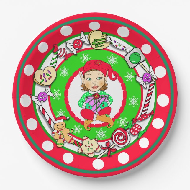 Plato De Papel Navidades Elfs Whimsical Candy Polka Dot (Anverso)