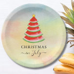 Plato De Papel Navidades en el Árbol de Navidad de la sandía de j<br><div class="desc">Estos divertidos Navidades en julio Paper Plates están decorados con un acuarela de color rojo y un árbol de Navidad sobre un fondo colorido. Porque creamos nuestra obra de arte no encontrarás esta imagen exacta de otros diseñadores. Acuarela original © Michele Davies.</div>