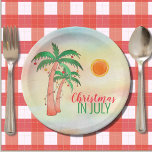 Plato De Papel Navidades en julio de Placa de papel Fiesta de pal<br><div class="desc">¡Celebremos a los Navidades en julio con una barbacoa o fiesta! Invite a la familia y amigos a la celebración temática de sus Navidades y decorarla con platos de papel de estilo isleño con palmeras dibujadas a mano decoradas con luces en un fondo acuático. Dibujo original © Michele Davies.</div>