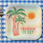 Plato De Papel Navidades en julio Fiesta de Palmeras<br><div class="desc">¡Celebremos a los Navidades en julio con una barbacoa o fiesta! Invite a la familia y amigos a la celebración temática de sus Navidades y decorarla con platos de papel de estilo isleño con palmeras dibujadas a mano decoradas con luces en un fondo acuático. Porque creamos nuestra propia obra de...</div>