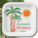 Plato De Papel Navidades en julio Fiesta personalizado<br><div class="desc">¡Celebremos a los Navidades en julio con un fiesta! Invite a la familia y a los amigos a su celebración de temática Navidad y decorarla con estos platos de papel cuadrado de estilo isleño con palmeras dibujadas a mano decoradas con luces. Personalizable fácilmente con tu nombre. Acuarela original © Michele...</div>