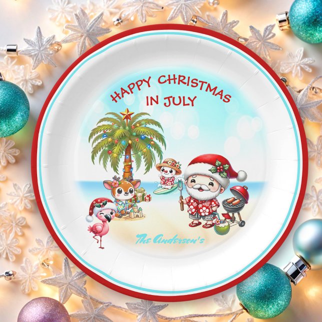 Plato De Papel Navidades En Julio Verano Cute Santa Tropical (Christmas In July Cute Santa Tropical Summer Paper Plates)