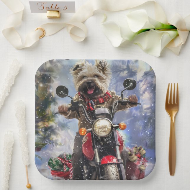 Plato De Papel Navidades en moto de Cairn Terrier (Boda)