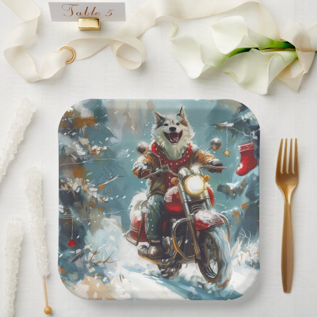 Plato De Papel Navidades en motocicleta de Alaska Malamute (Boda)
