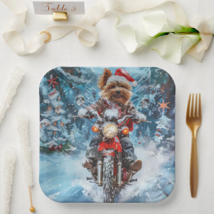 Plato De Papel Navidades en motocicleta de Biewer Terrier Dog Rid