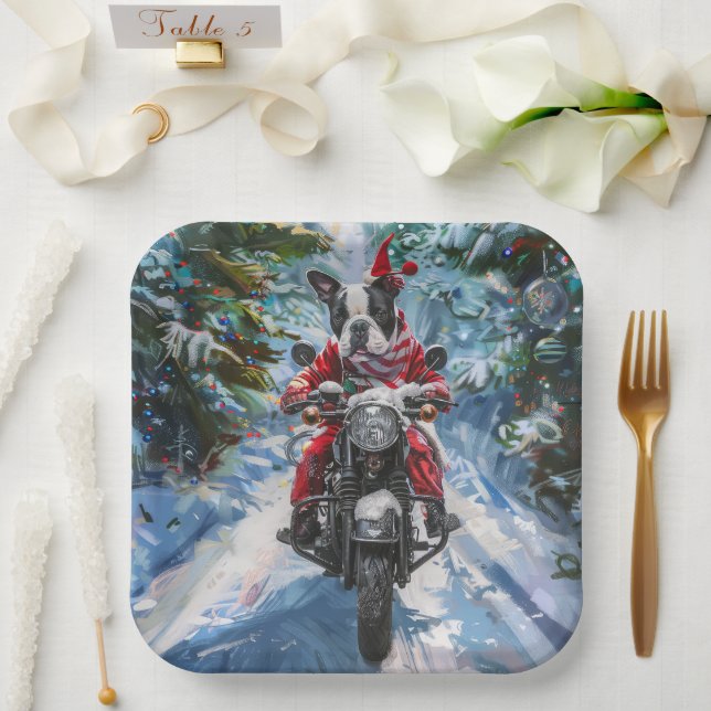 Plato De Papel Navidades en motocicleta de Boston Terrier Dog Rid (Boda)