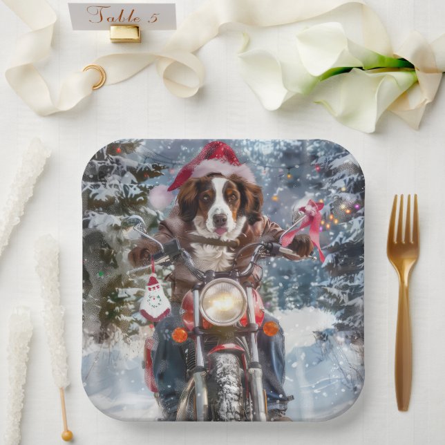 Plato De Papel Navidades en motocicleta de Brittany Spaniel (Boda)