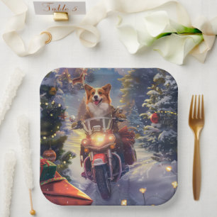 Plato De Papel Navidades en motocicleta de Corgi Dog Riding