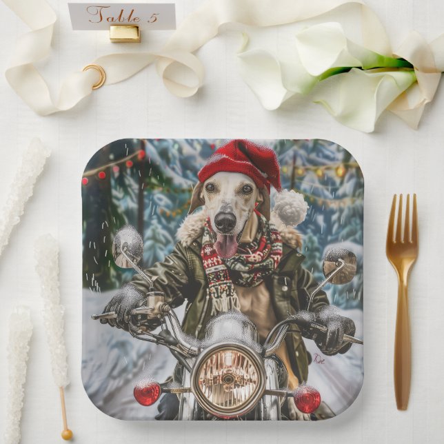 Plato De Papel Navidades en motocicleta de perros de Greyhound (Boda)