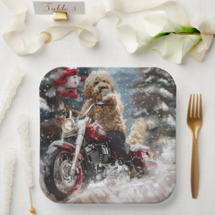 Plato De Papel Navidades en motocicleta Goldendoodle Dog Riding