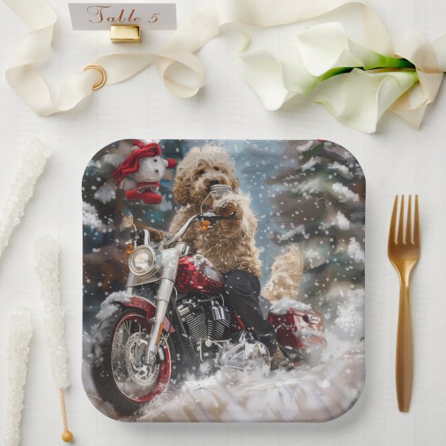 Plato De Papel Navidades en motocicleta Goldendoodle Dog Riding (Boda)