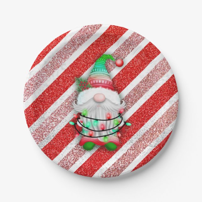 Plato De Papel Navidades enciende Gnome On Candy Cane Purpurina (Anverso)