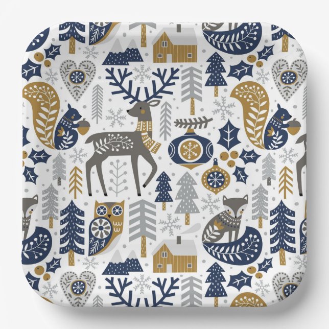 Plato De Papel Navidades Escandinavos Woodland Animales Snowflake (Anverso)