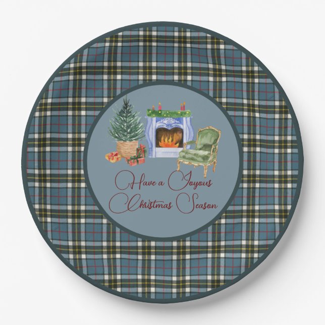 Plato De Papel Navidades Escocés Tartan Thompson Blue (Anverso)