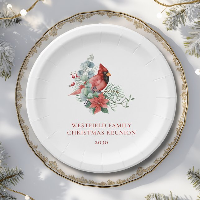 Plato De Papel Navidades Familia Reunión Cardenal Rojo Fiesta (Christmas Family Reunion Red Cardinal Party Paper Plate)