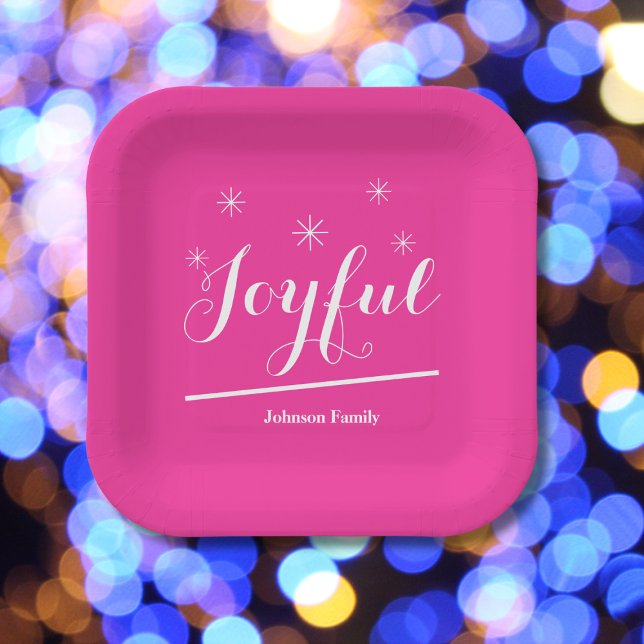 Plato De Papel Navidades festivos alegre nombre Moda moderna rosa (Add some excitement with these Joyful hot pink paper plates.)