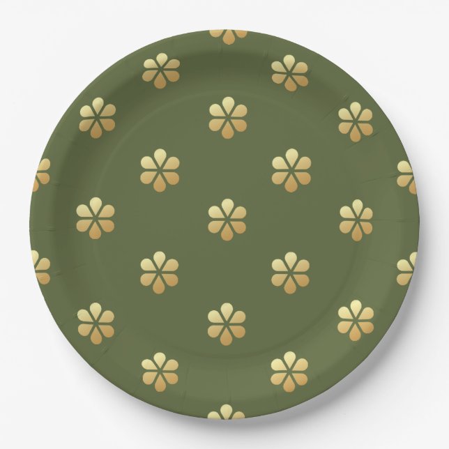 Plato De Papel Navidades festivos Green & Gold Daisy (Anverso)