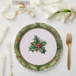 Plato De Papel Navidades festivos Olive Green Holly