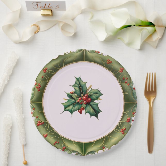 Plato De Papel Navidades festivos Olive Green Holly (Boda)