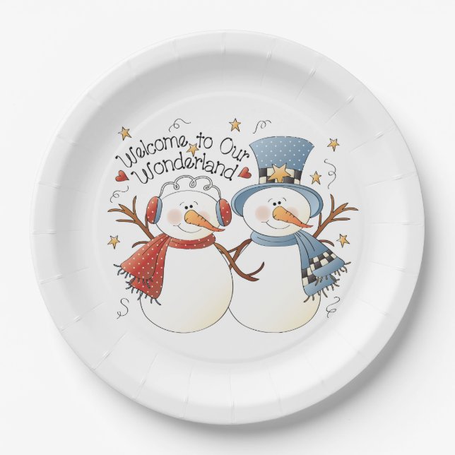 Plato De Papel Navidades festivos pareja de hombres de nieve fies (Anverso)