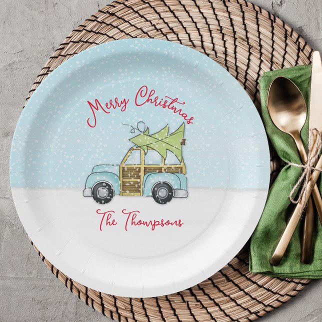 Plato De Papel Navidades Fiesta caprichoso de árbol gracioso (Merry Christmas cute car with Christmas tree Woodie Wagon paper plate. )