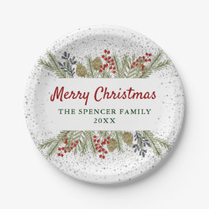 Plato De Papel Navidades Fiesta de Silver Purpurina Holly Berries