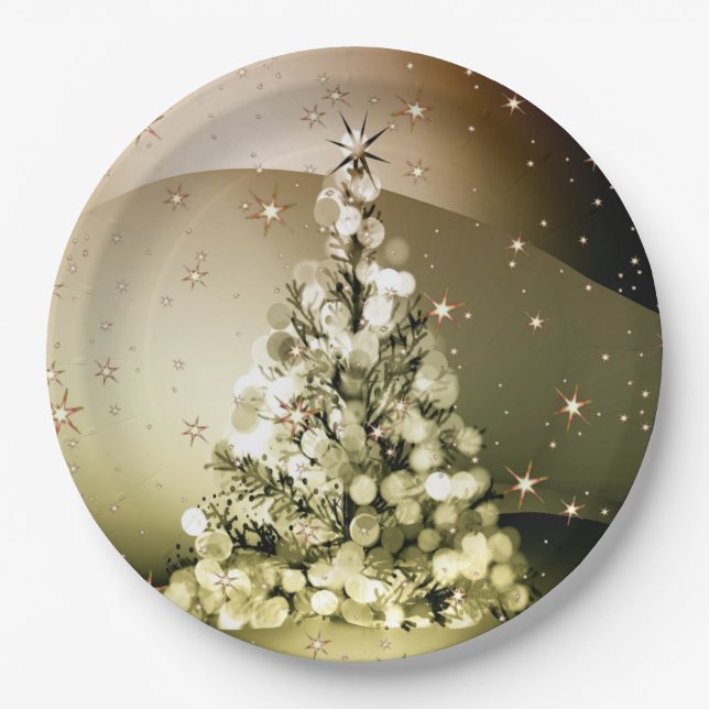 Plato De Papel Navidades Fiesta Golden Tree Shiny Sparkle Stars (Anverso)