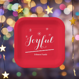 Plato De Papel Navidades Fiesta Joyful Script Nombre Rojo moderno