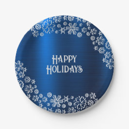 Plato De Papel Navidades Fiesta White Snowflakes Navy Blue