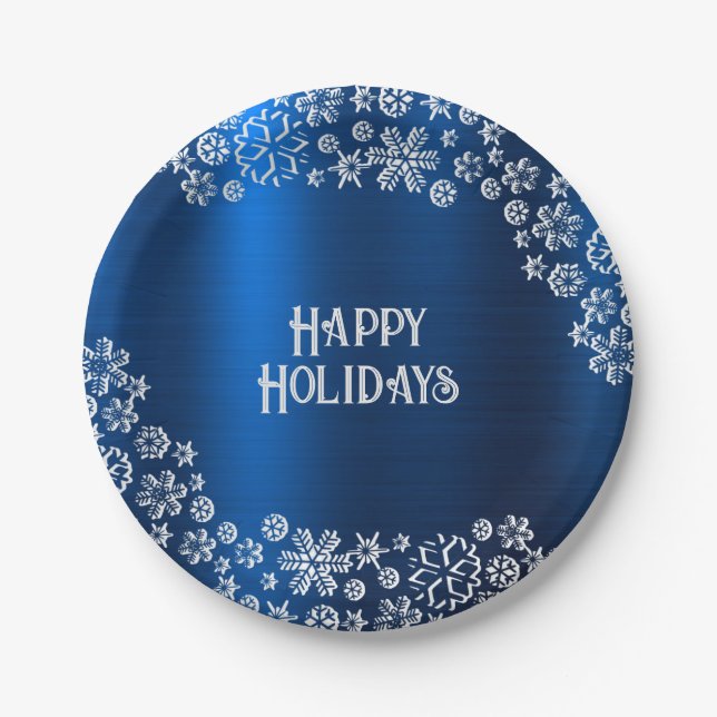Plato De Papel Navidades Fiesta White Snowflakes Navy Blue (Anverso)