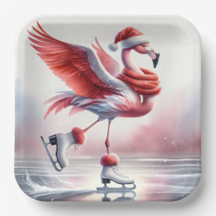 Plato De Papel Navidades Flamingo En Patines