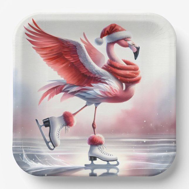 Plato De Papel Navidades Flamingo En Patines (Anverso)
