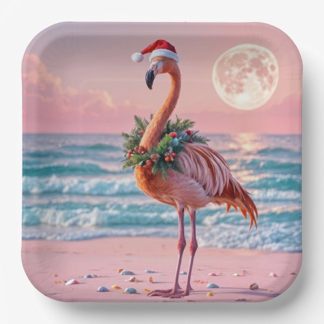 Plato De Papel Navidades Flamingo En Playa Rosa (Anverso)