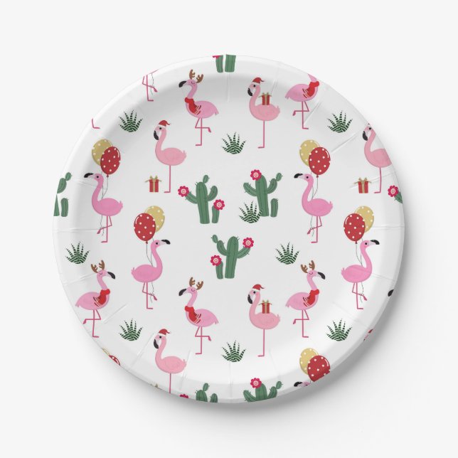 Plato De Papel Navidades Flamingo Fiesta | Vacaciones (Anverso)