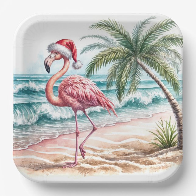 Plato De Papel Navidades Flamingo On a Beach (Anverso)