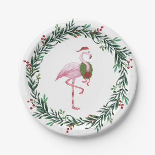 Plato De Papel Navidades Flamingo y Fiesta Wreath