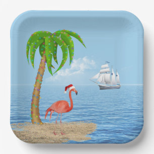 Plato De Papel Navidades Flamingo y Palm Tree