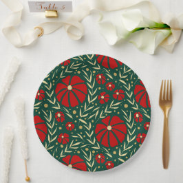 Plato De Papel Navidades Florales Botánicas Rojas y Verdes