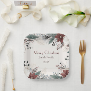 Plato De Papel Navidades florales De Color Rojo Y Blanco personal