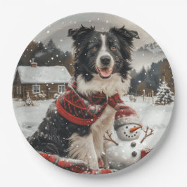 Plato De Papel Navidades Fronteriza Perro de Collie Snowman
